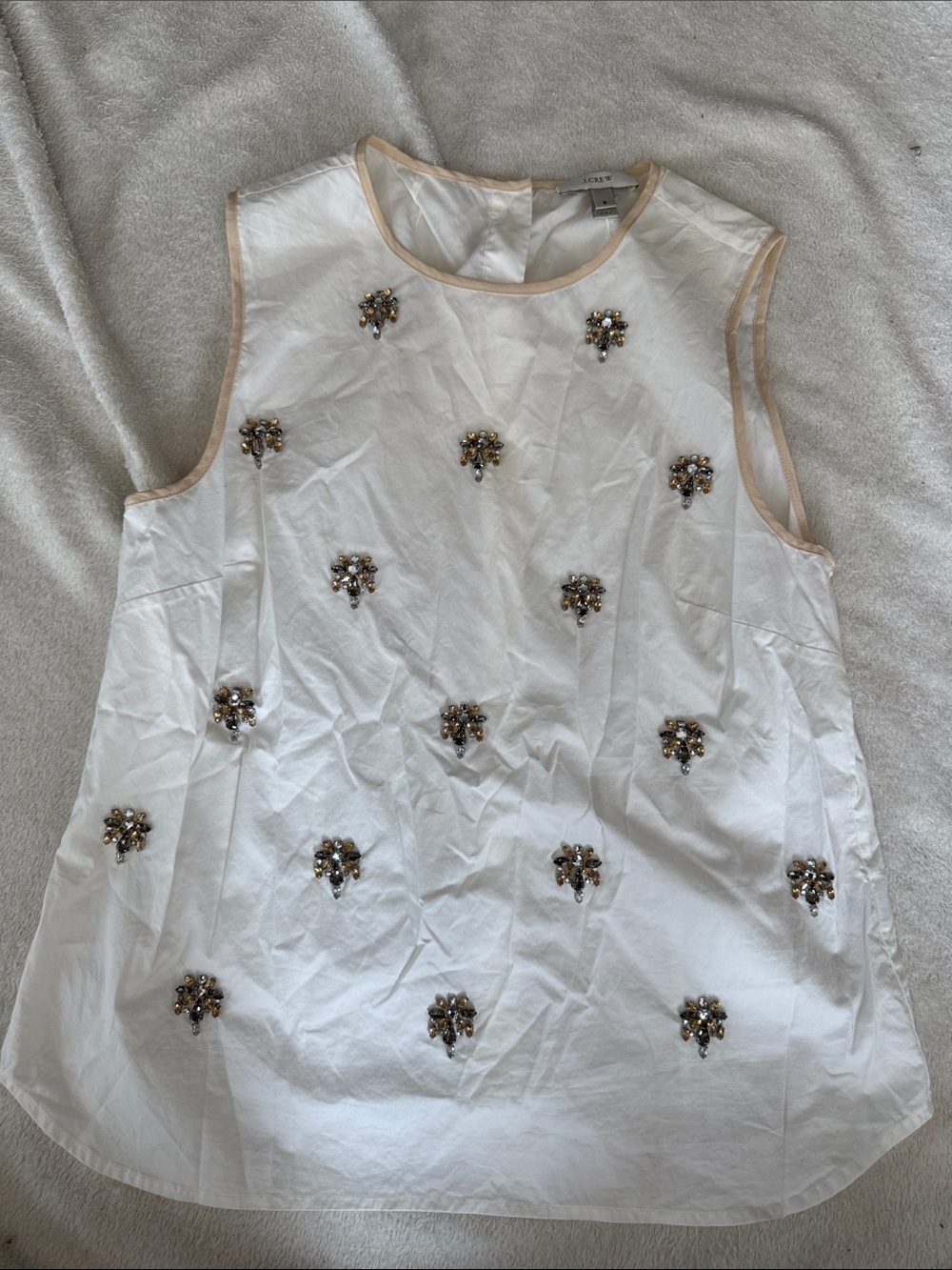 J. Crew White Embellished Sleeveless Camisole with Beige Trim